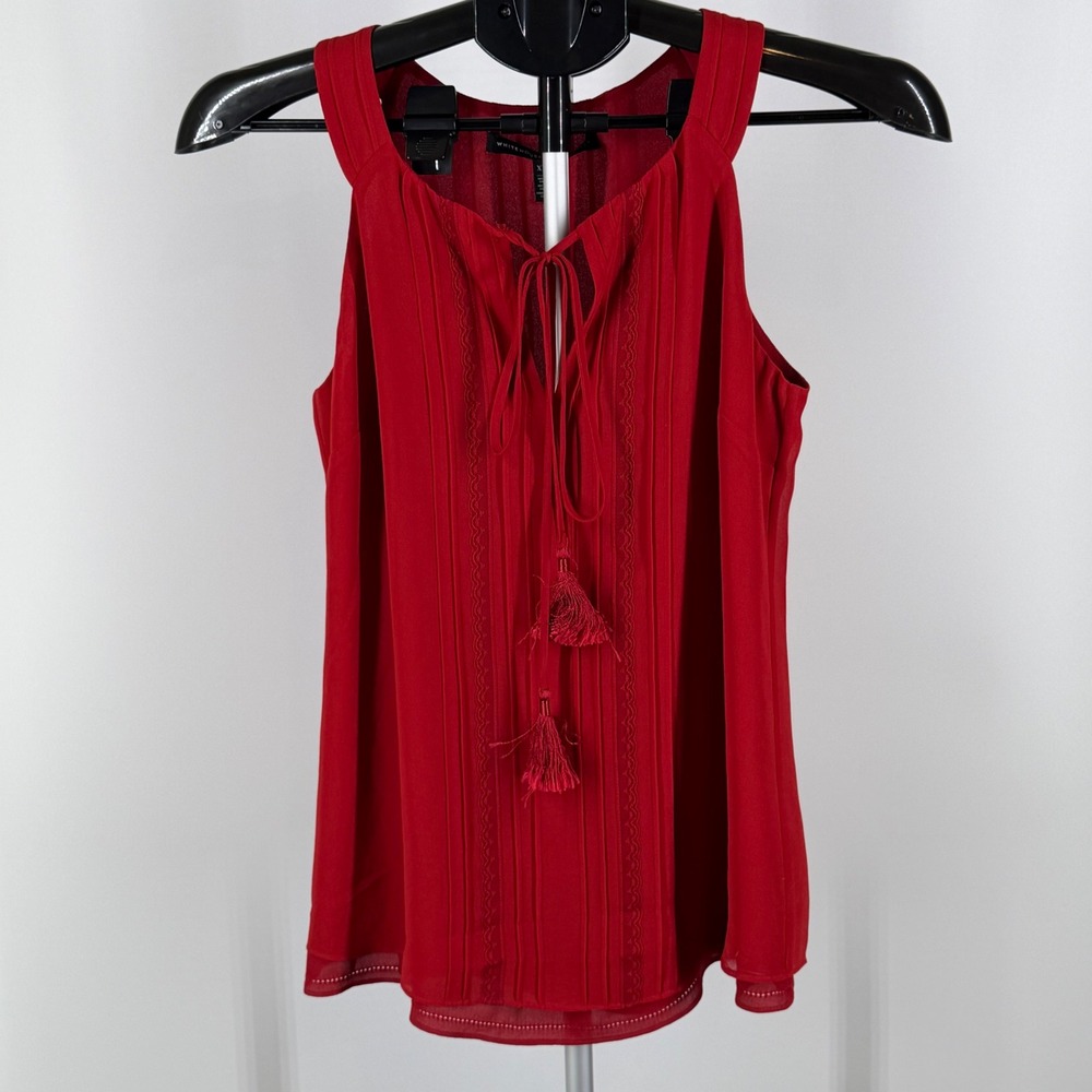 White House Black Market Red Pintuck Lace Tassel Tie Sleeveless Blouse XXS